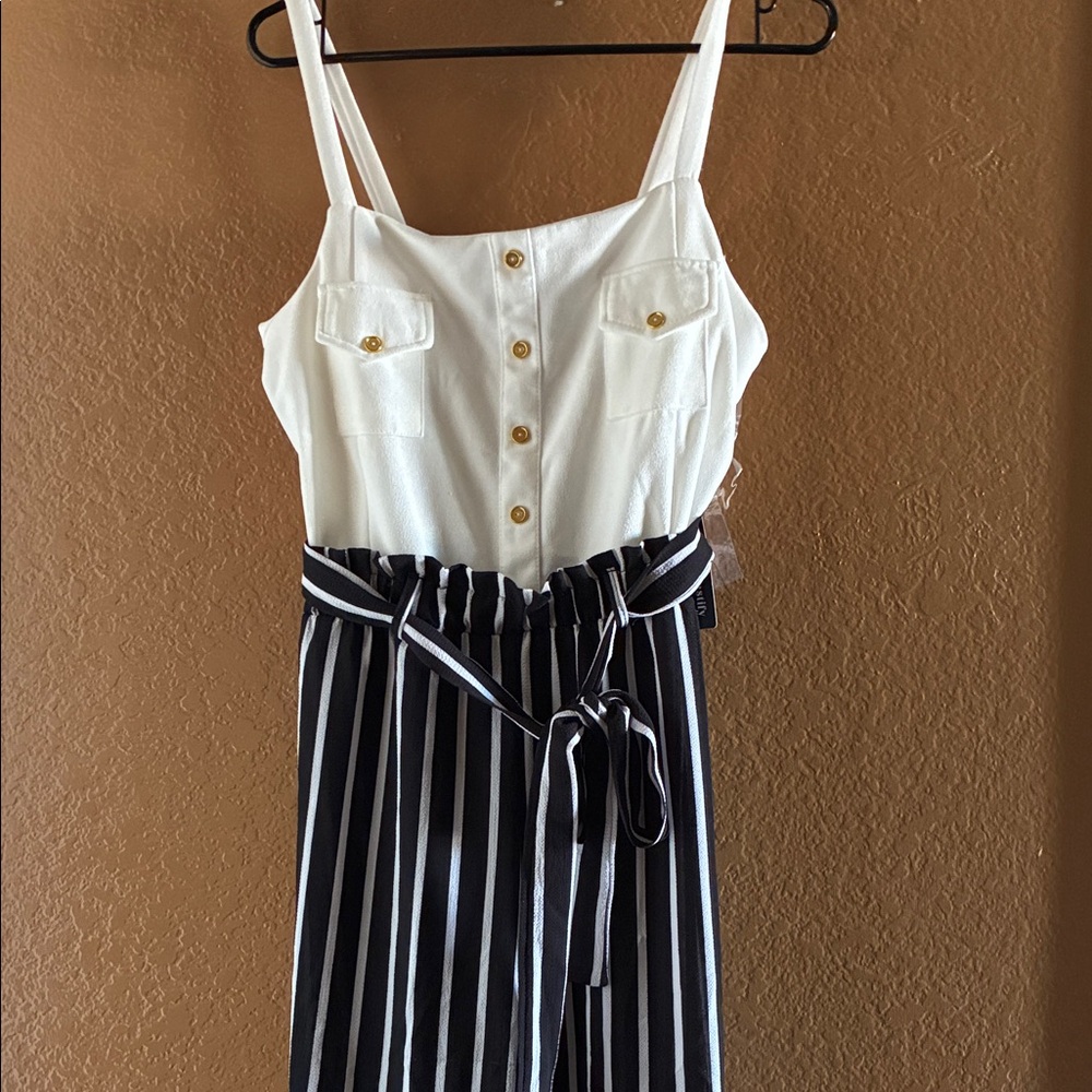 Justify White & Black Vertical Stripe Belted Jumpsuit